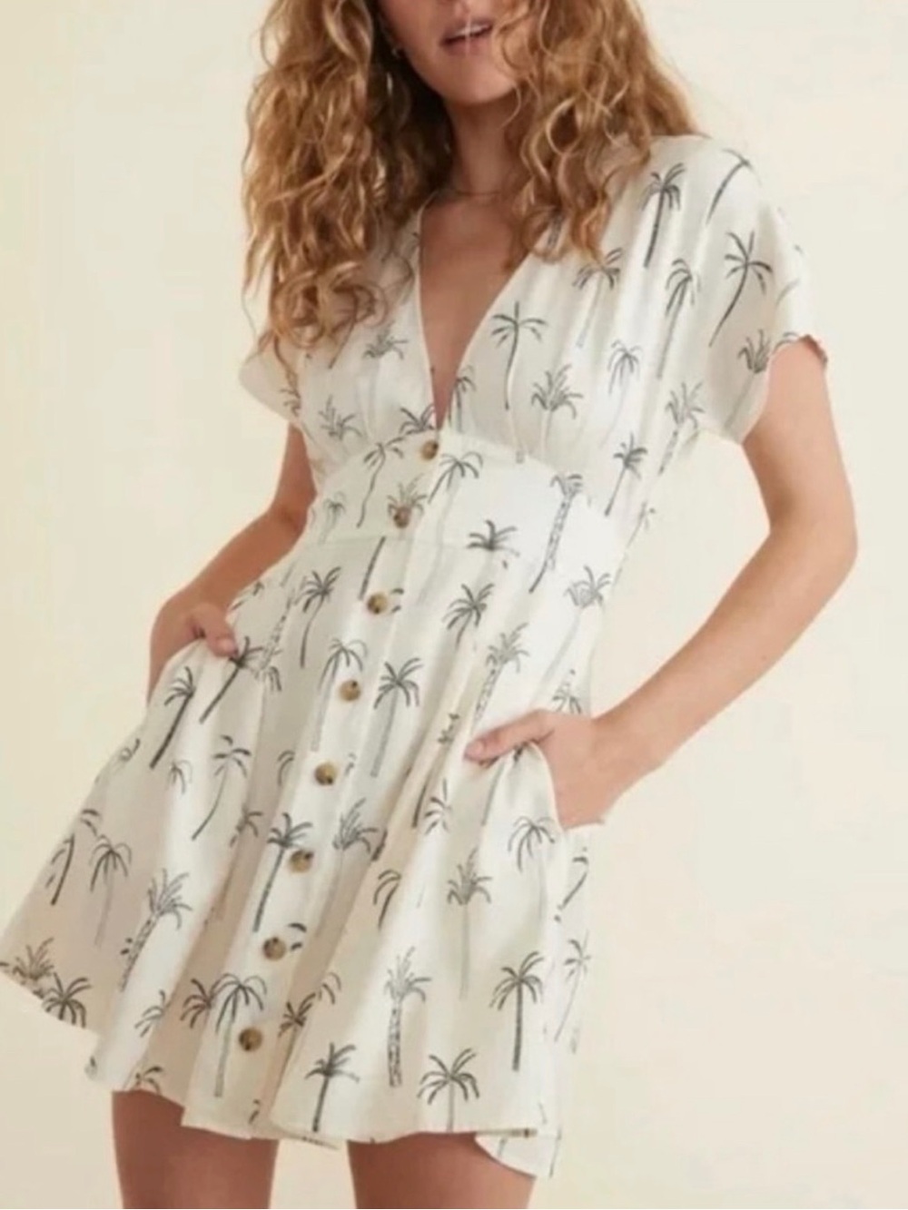 Marine Layer Cream Palm-Print Button Mini Coverup Dress